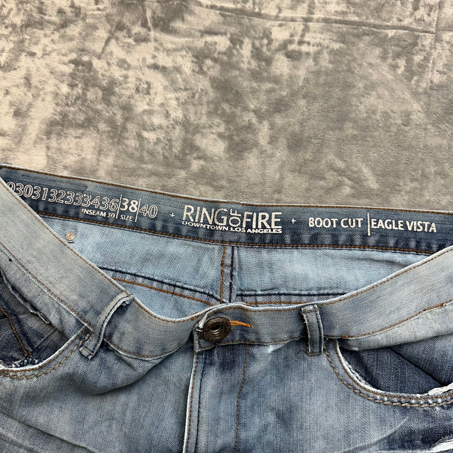 Vintage Ring of Fire Distressed Embroidered Bootcut Jeans Men’s Size 38x30 Blue