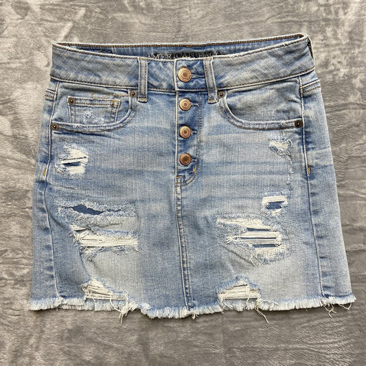 American Eagle Distressed Hi Rise Mini Skirt Women Size 2 R Blue Denim