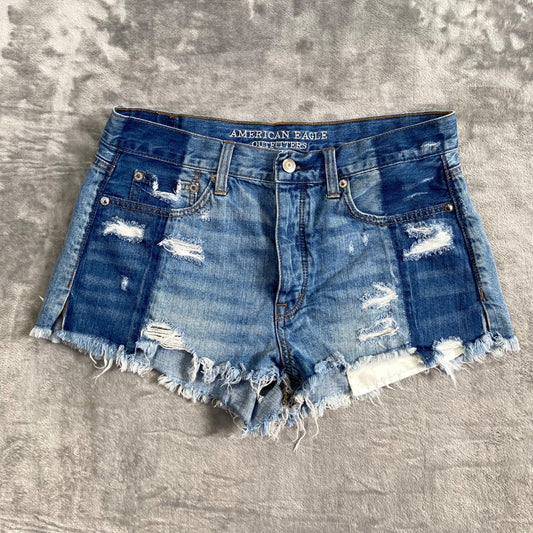 American Eagle Distressed Vintage Hi-Rise Festival Shorts Women 8 Blue Two-Tone