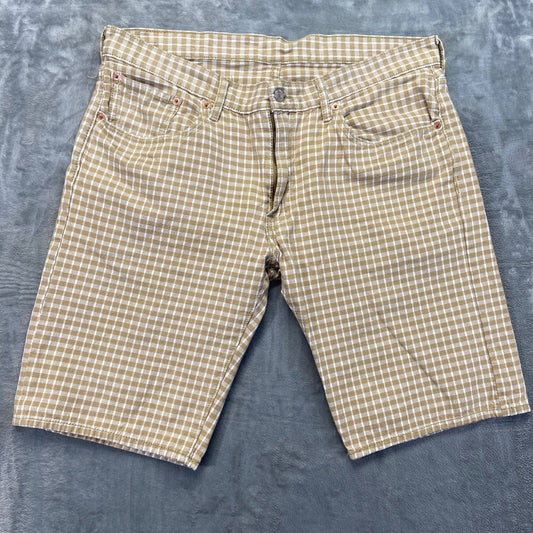 New Levi's 504 Shorts Men's 36 Brown White Checked 100% Cotton Longer 10"