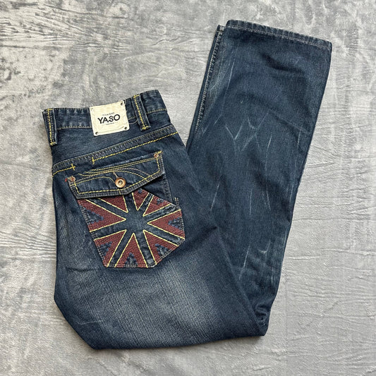 Vintage New Yaso Bootcut Jeans Men's Size 36x32 Dark Blue Denim Embroidered