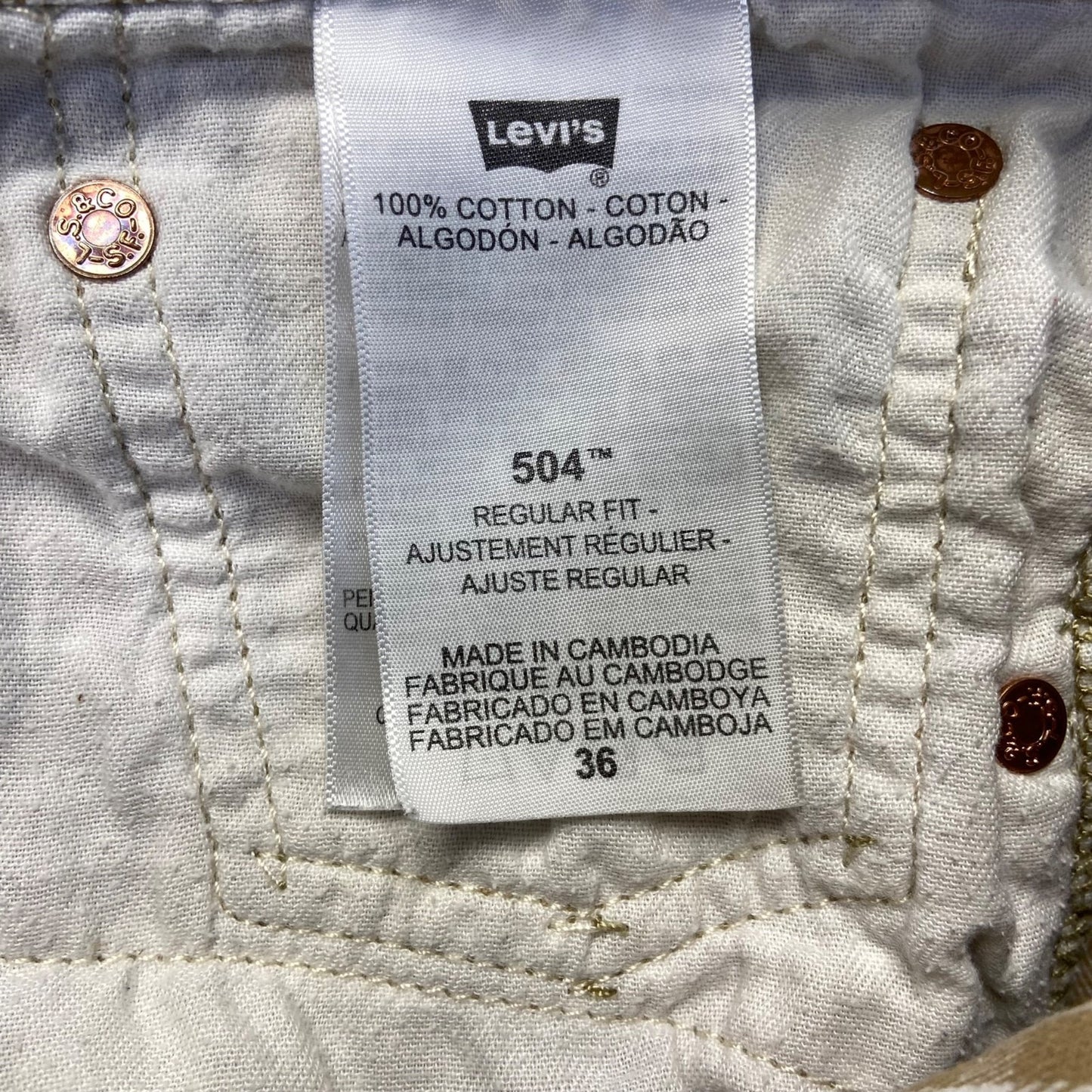 New Levi's 504 Shorts Men's 36 Brown White Checked 100% Cotton Longer 10"