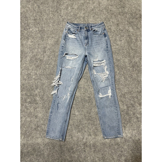 American Eagle Women's Distressed Highest Rise Mom Jeans Size 2 Blue Light Denim