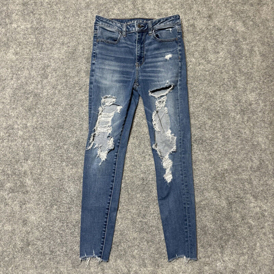 American Eagle Distressed Next Level Stretch Hi Rise Jegging Womens 4 Short Blue