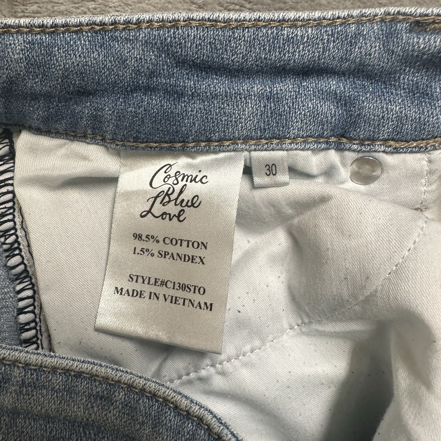 Cosmic Blue Love Distressed Skinny Jeans Women's Size 30x28 Light Blue Denim