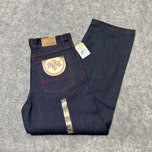 Vintage New RISK Relaxed Straight Jeans Men's Size 34x34 Blue Red Stitch Denim