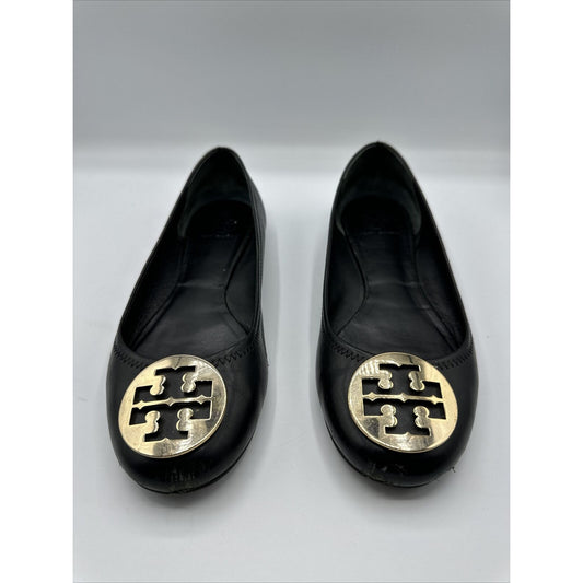 Women's Tory Burch Reva Mestico Ballet Flats Shoes Black Leather Size 9.5